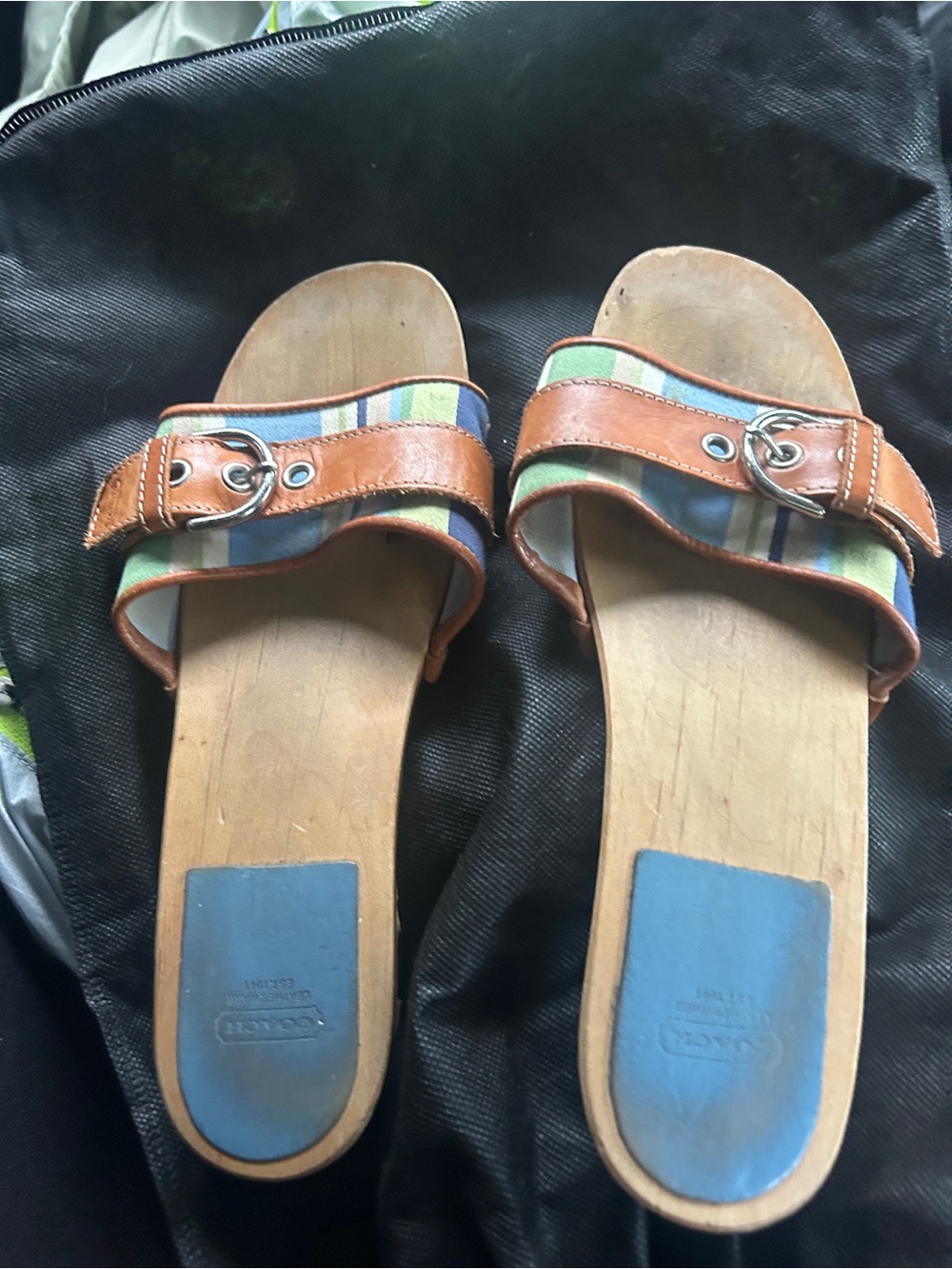 Striped Canvas & Leather Slide Sandals - Blue, Green, Tan